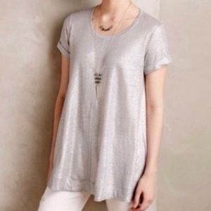 Anthropologie Bordeaux Metallic Silver Long Swing 100% Linen T-Shirt, size S